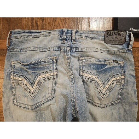 Salvage Mayhem Regular Bootcut Jeans 38x27 Distressed Light Blue Denim - Picture 8 of 9